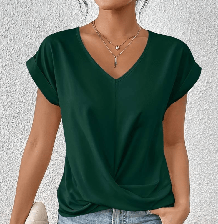 Vyssion | Tummy tucking V-neck top – Chic Artisan Structure & Refined Slimming Silhouette Green