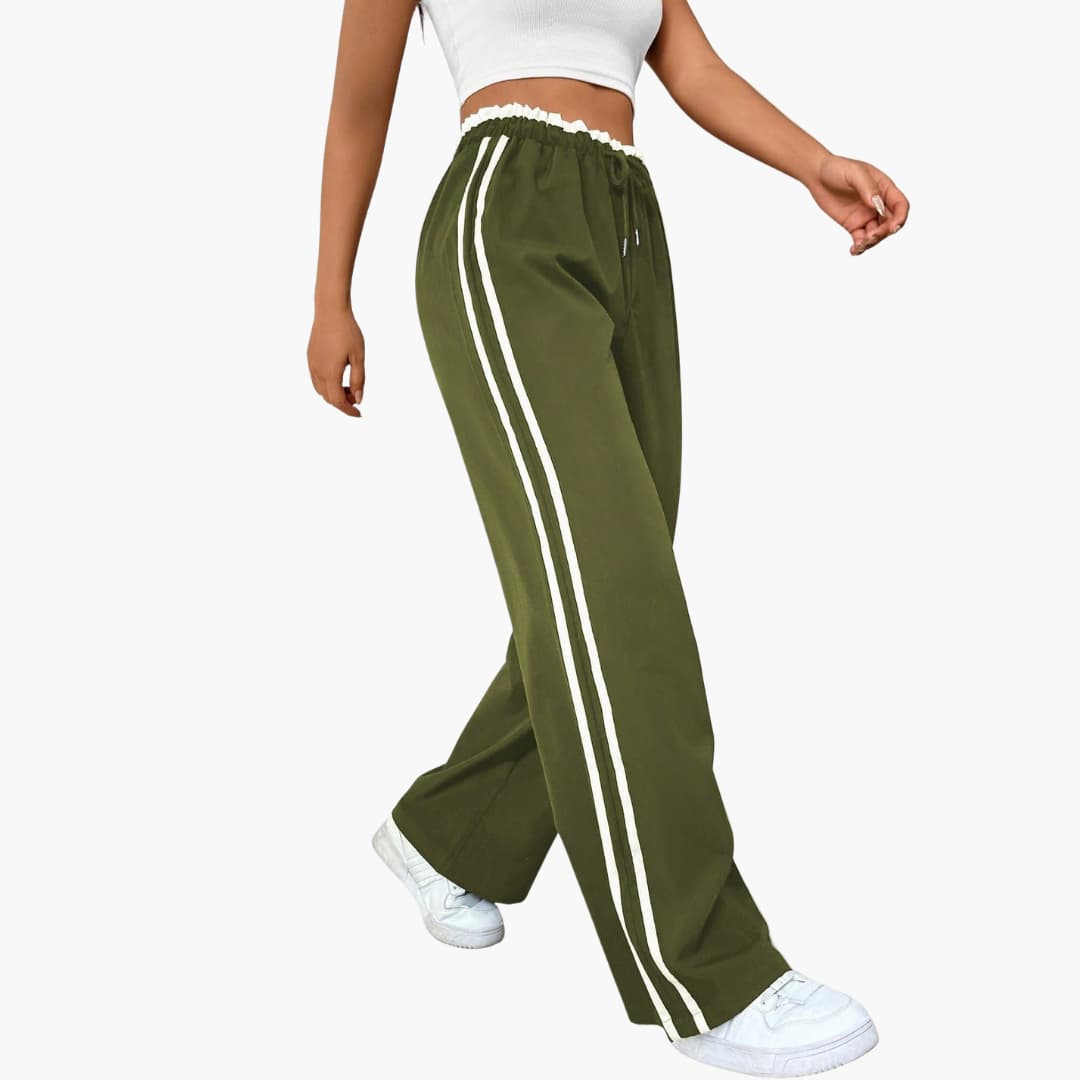 Luna | Women's Pants with Elastic Waist and Side Stripes - Comfortable and stylish women's pants with drawstring Olive Green