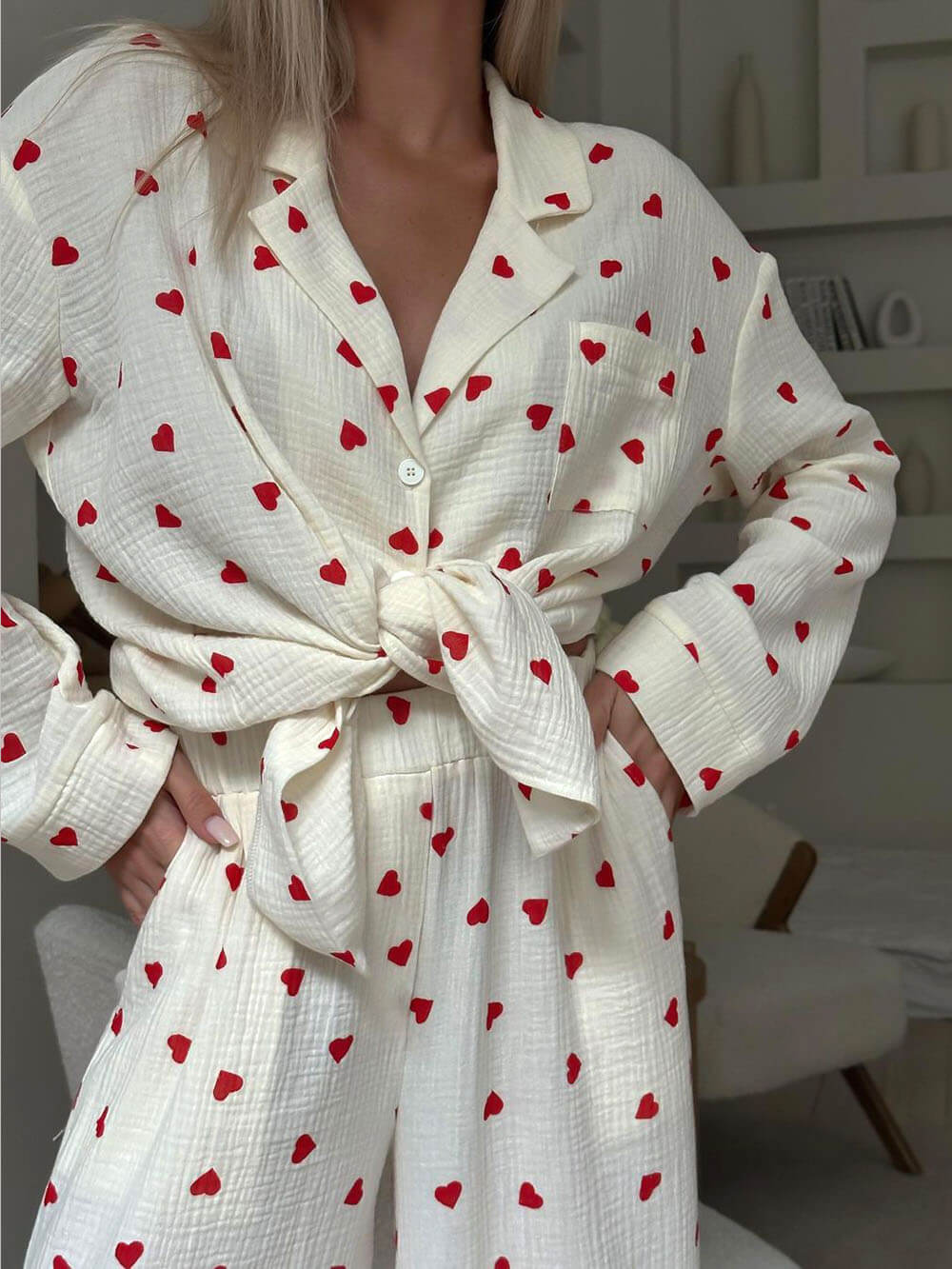 Pamelo | Pyjama Set for Women - Heart Print Lightweight Relaxed Soft Cosy Loungewear Fit