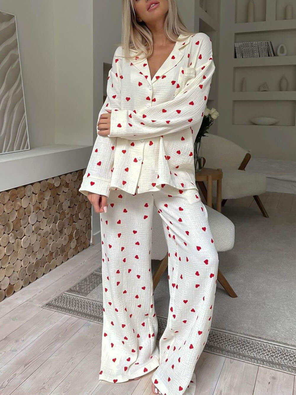 Pamelo | Pyjama Set for Women - Heart Print Lightweight Relaxed Soft Cosy Loungewear Fit