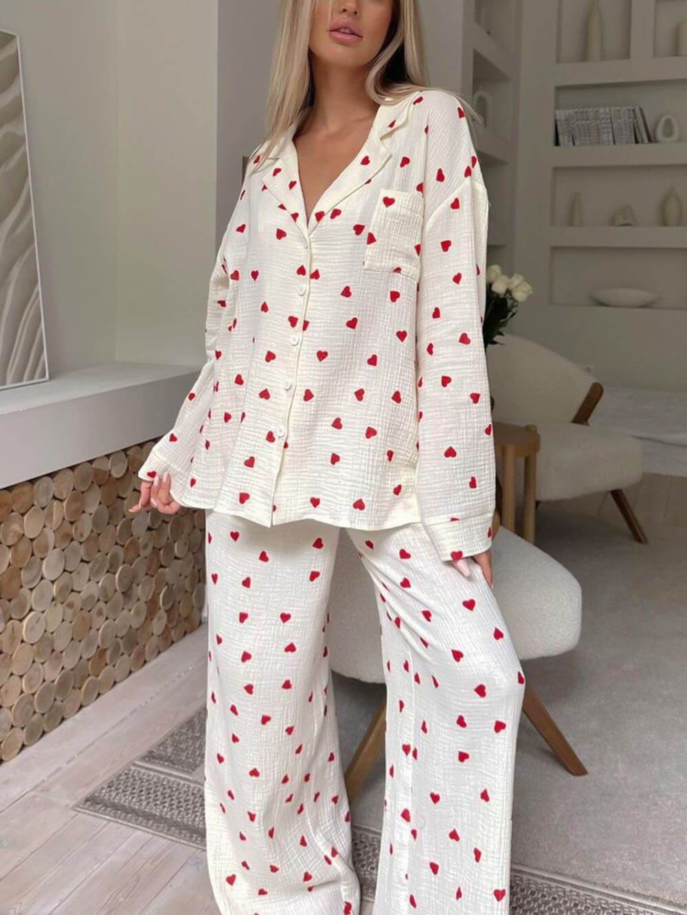 Pamelo | Pyjama Set for Women - Heart Print Lightweight Relaxed Soft Cosy Loungewear Fit
