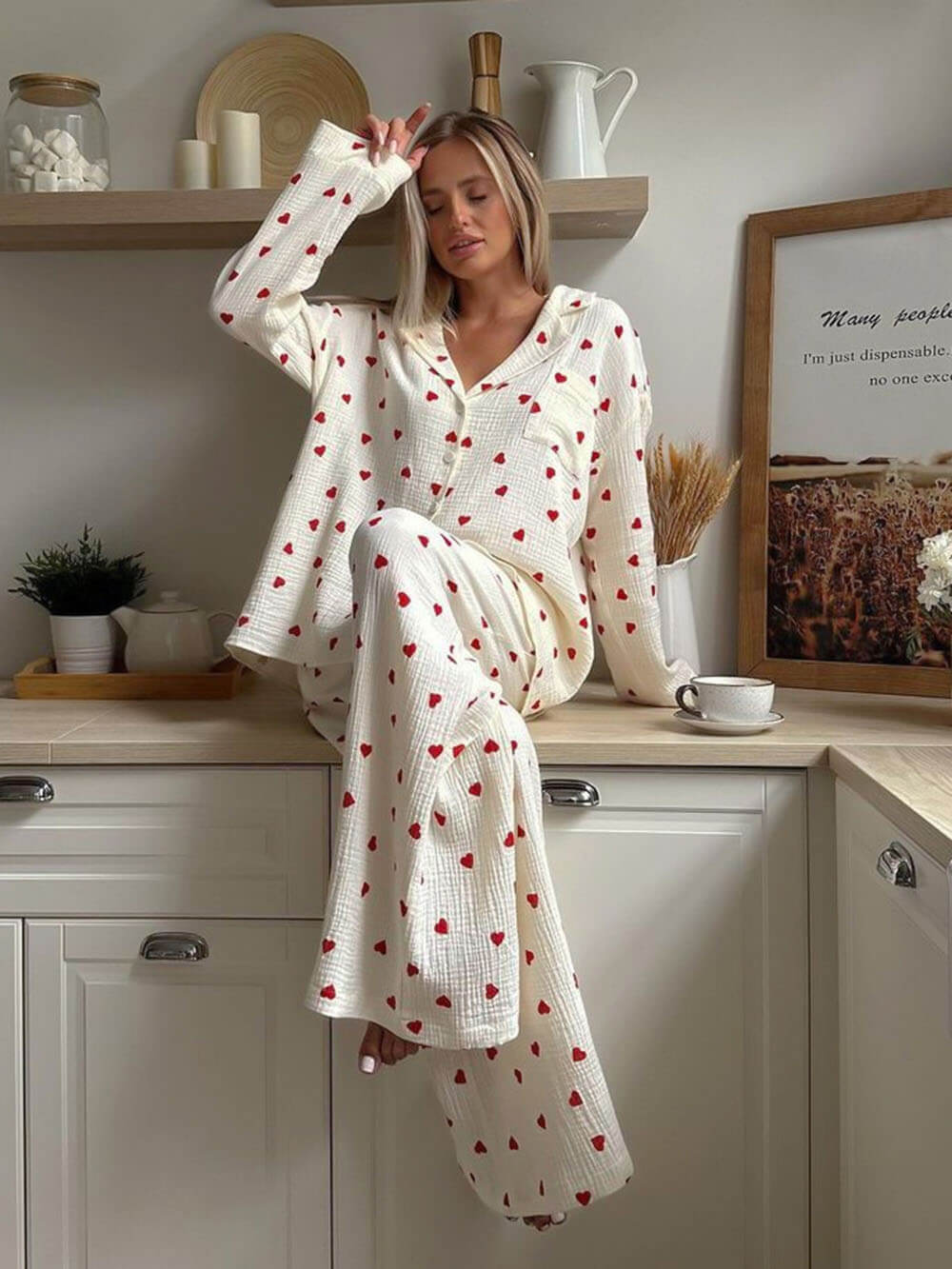 Pamelo | Pyjama Set for Women - Heart Print Lightweight Relaxed Soft Cosy Loungewear Fit White
