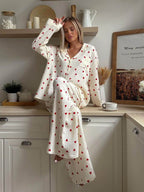 Pamelo | Pyjama Set for Women - Heart Print Lightweight Relaxed Soft Cosy Loungewear Fit White