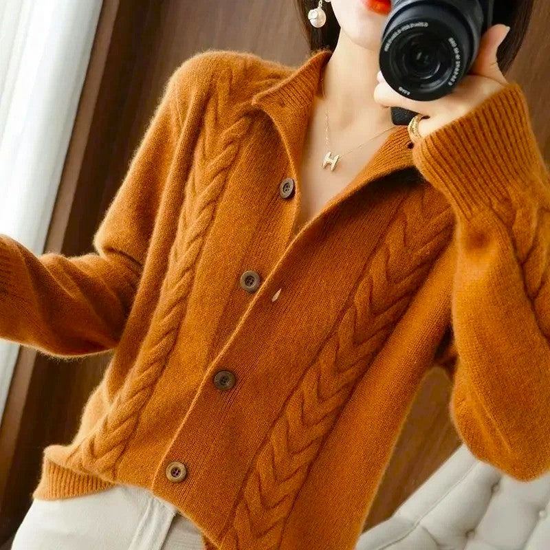 Women's Classic Knit Cardigan | Textured Cable Knit Button Caramel