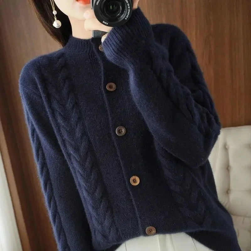 Women's Classic Knit Cardigan | Textured Cable Knit Button Navy