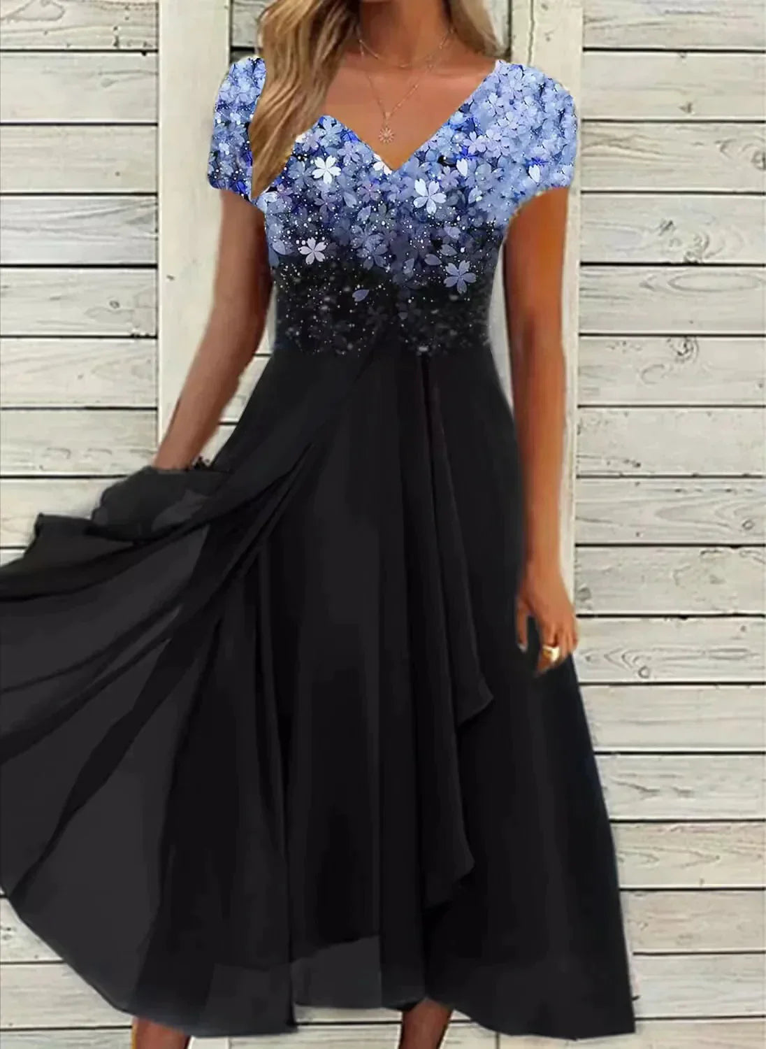 Marmaris | Women's Wedding Evening Dress with Floral Patterns | Maxi Blue Black