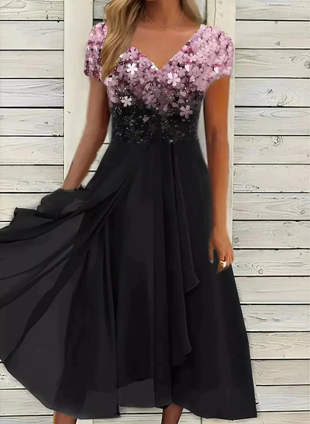 Marmaris | Women's Wedding Evening Dress with Floral Patterns | Maxi Pink Black