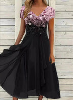 Marmaris | Women's Wedding Evening Dress with Floral Patterns | Maxi Pink Black