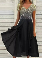 Women's Wedding Evening Dress with Floral Patterns | Maxi Gold Black