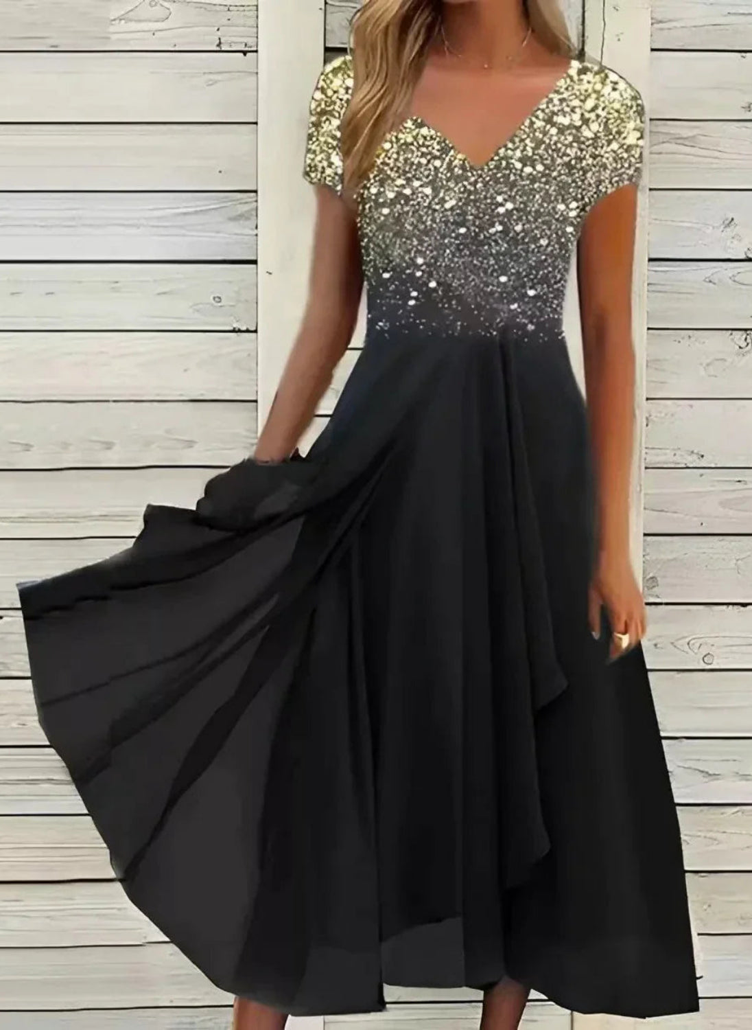 Marmaris | Women's Wedding Evening Dress with Floral Patterns | Maxi Gold Black