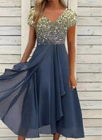 Marmaris | Women's Wedding Evening Dress with Floral Patterns | Maxi Gold Blue
