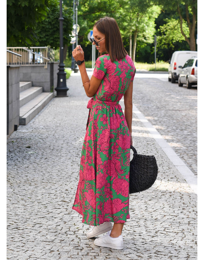 Women's Wrap Dress with Floral Pattern and V-neck | Midi pink