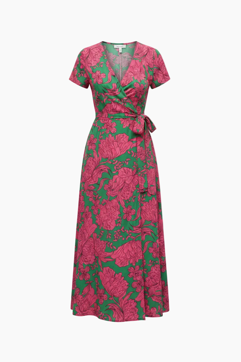 Women's Wrap Dress with Floral Pattern and V-neck | Midi