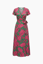 Women's Wrap Dress with Floral Pattern and V-neck | Midi