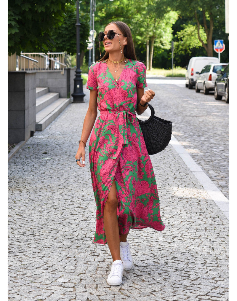 Women's Wrap Dress with Floral Pattern and V-neck | Midi