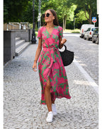 Women's Wrap Dress with Floral Pattern and V-neck | Midi