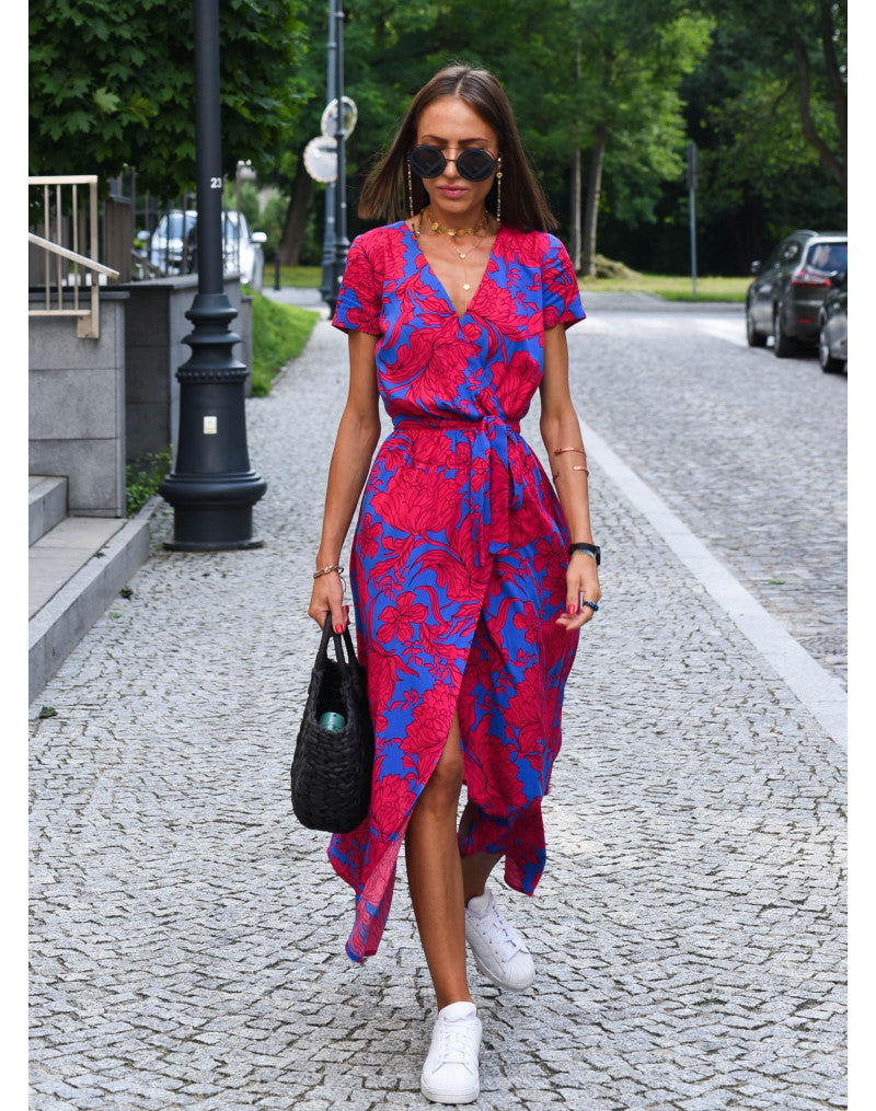 Women's Wrap Dress with Floral Pattern and V-neck | Midi
