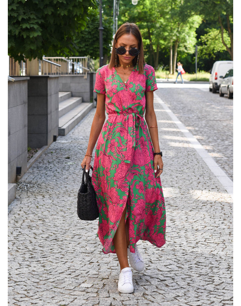 Women's Wrap Dress with Floral Pattern and V-neck | Midi