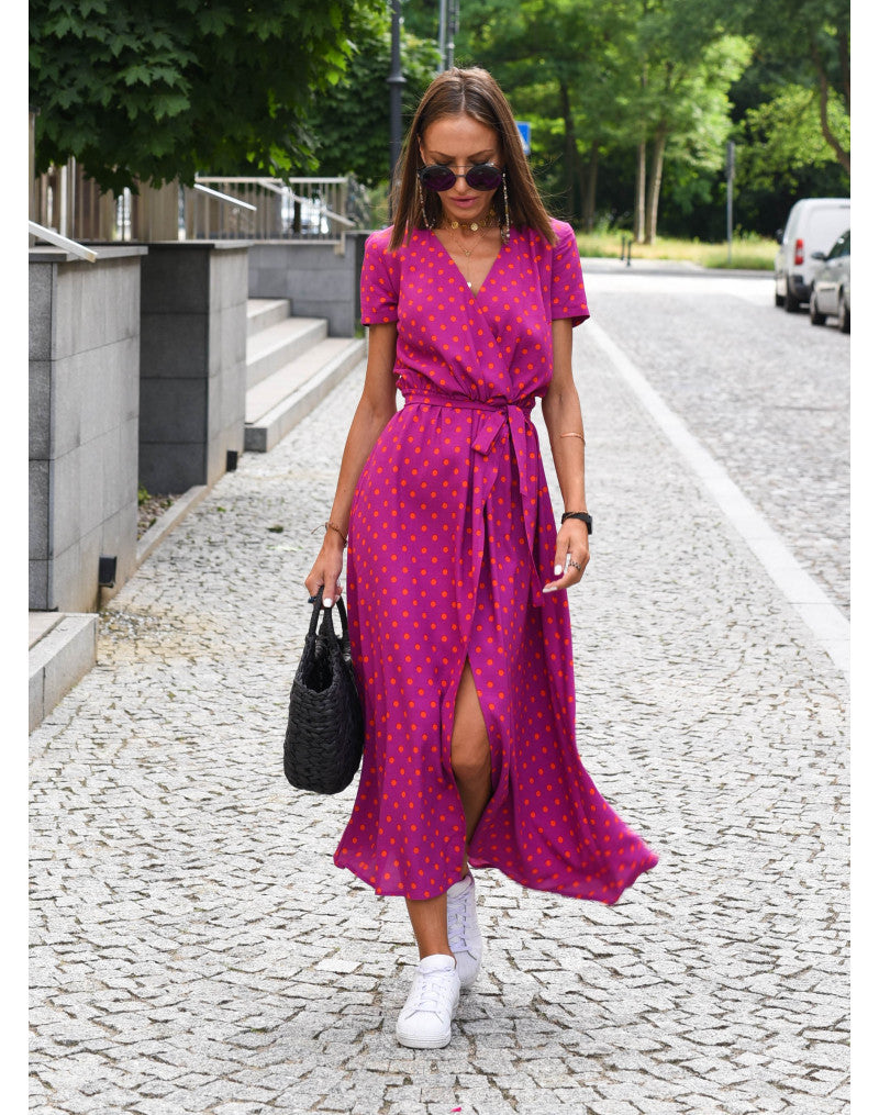Women's Wrap Dress with Floral Pattern and V-neck | Midi red dot