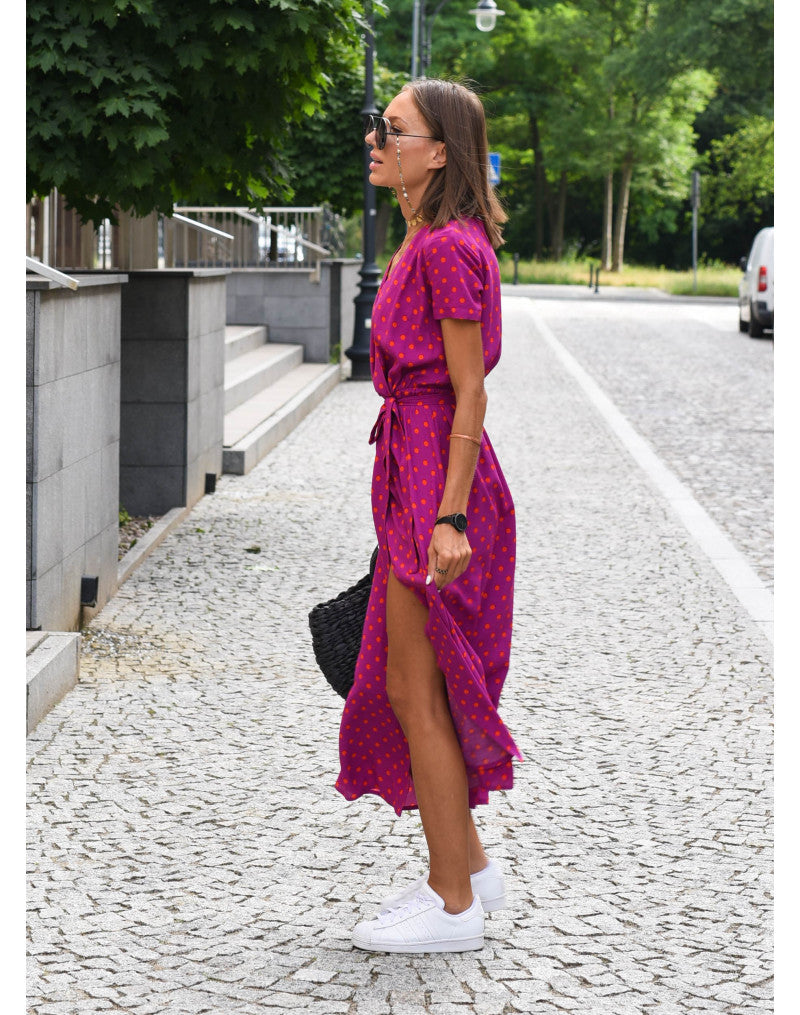 Women's Wrap Dress with Floral Pattern and V-neck | Midi