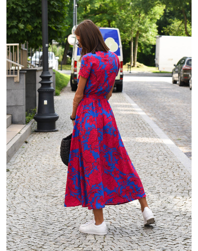 Women's Wrap Dress with Floral Pattern and V-neck | Midi