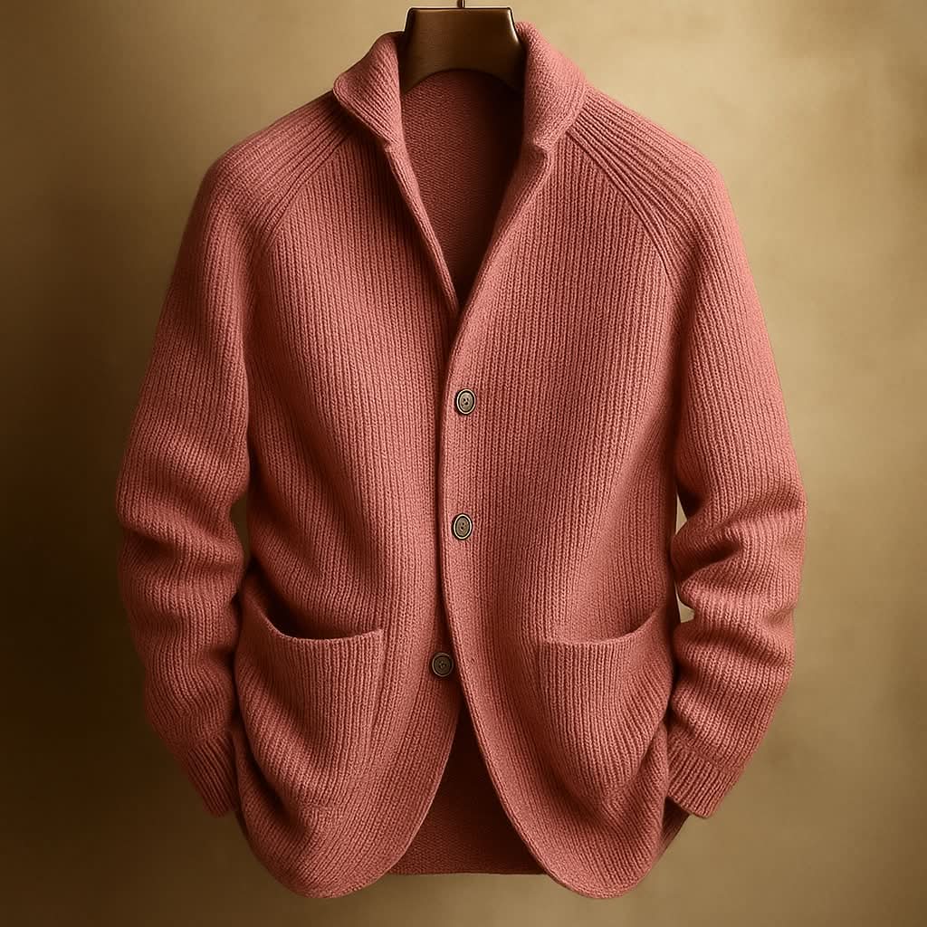 Zipari | Men's Ribbed Cardigan - Full-Zip Knitted Sweater & Stand Collar Warm Jumper Red