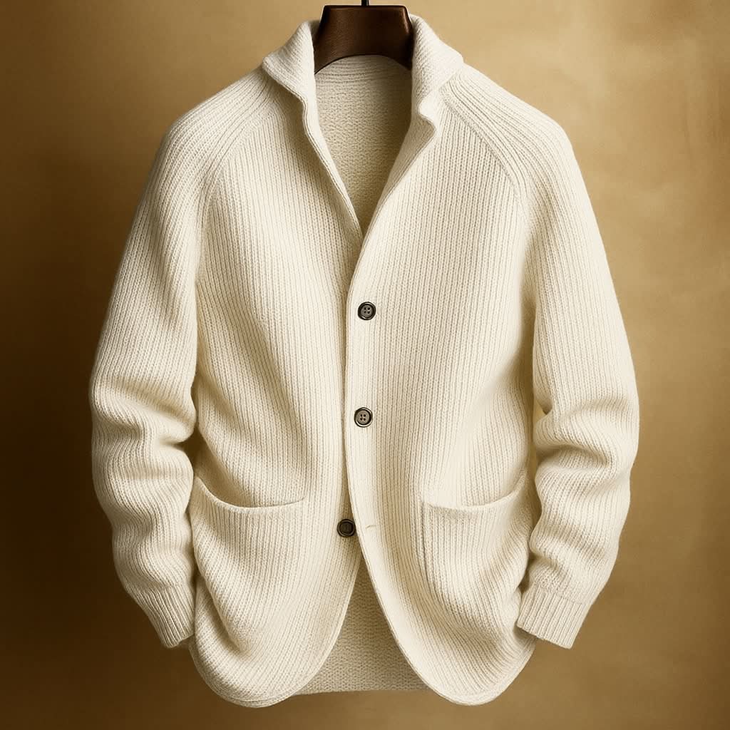Zipari | Men's Ribbed Cardigan - Full-Zip Knitted Sweater & Stand Collar Warm Jumper White