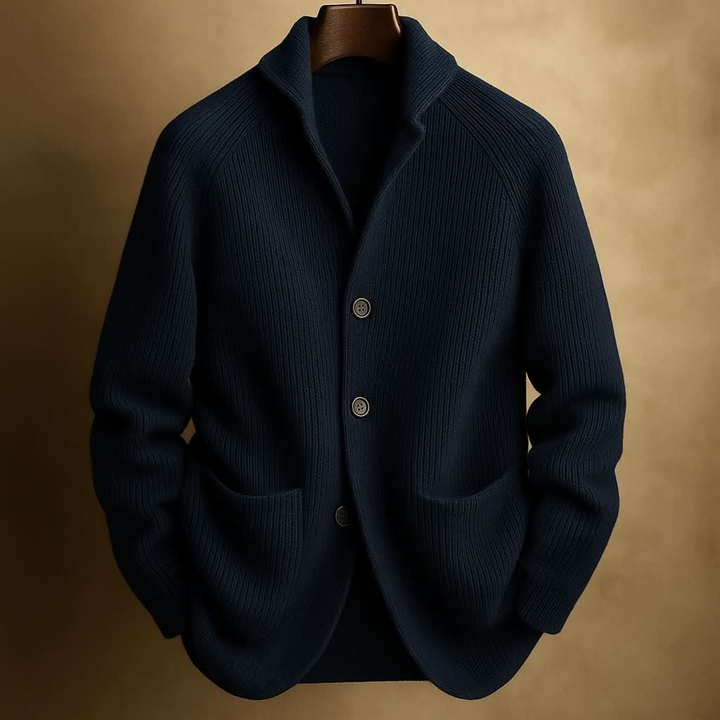Zipari | Men's Ribbed Cardigan - Full-Zip Knitted Sweater & Stand Collar Warm Jumper Navy Blue
