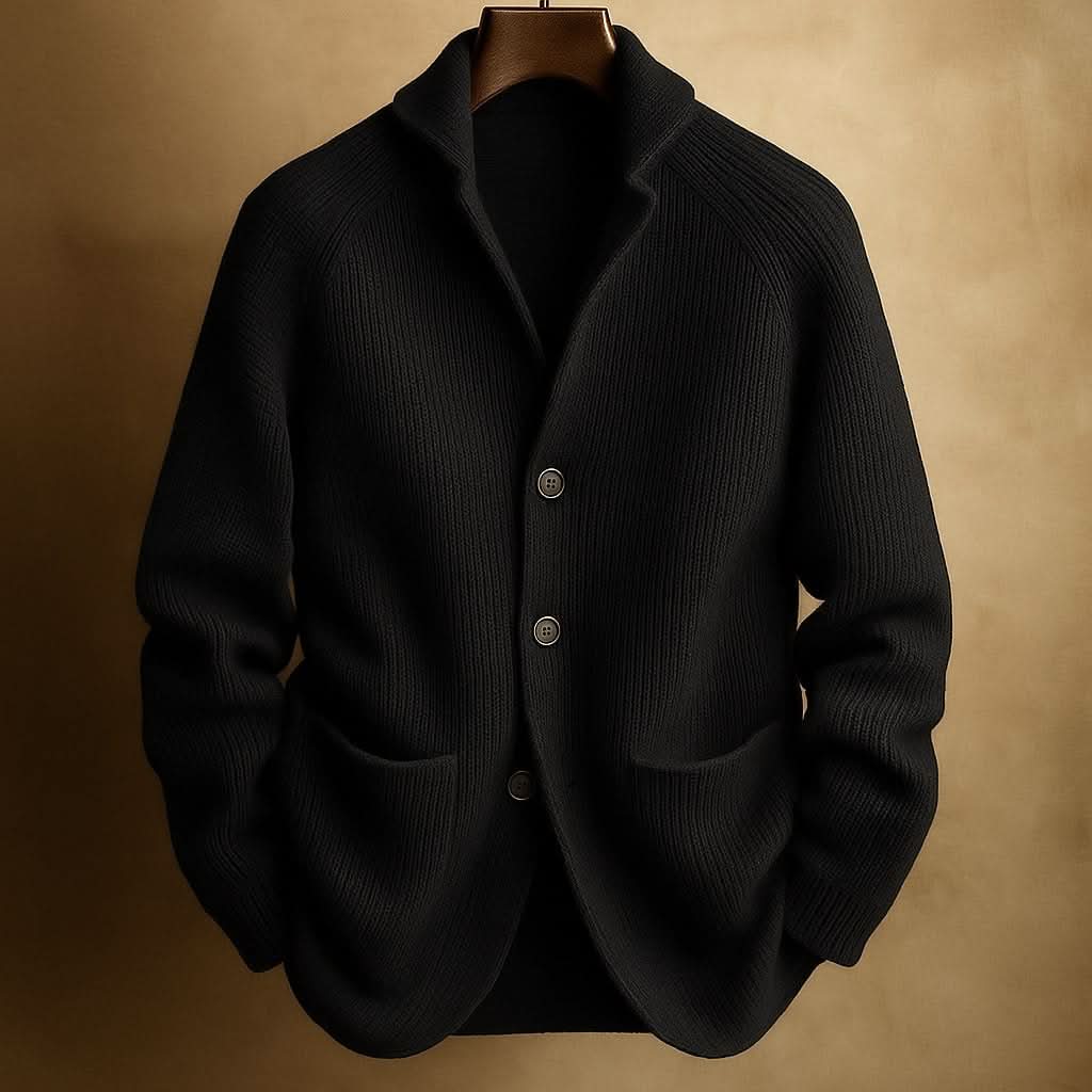 Zipari | Men's Ribbed Cardigan - Full-Zip Knitted Sweater & Stand Collar Warm Jumper Black