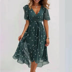 Maud | Elegant Women's Midi Dress Floral V-Neck Green