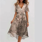 Maud | Elegant Women's Midi Dress Floral V-Neck Beige
