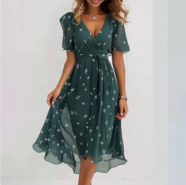 Maud | Elegant Women's Midi Dress Floral V-Neck Green