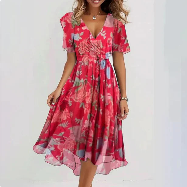 Maud | Elegant Women's Midi Dress Floral V-Neck Pink