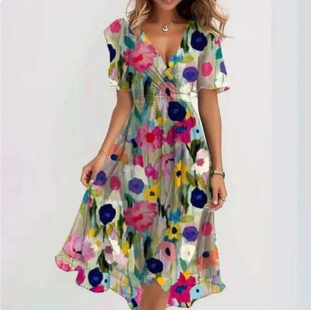 Maud | Elegant Women's Midi Dress Floral V-Neck Multicolor