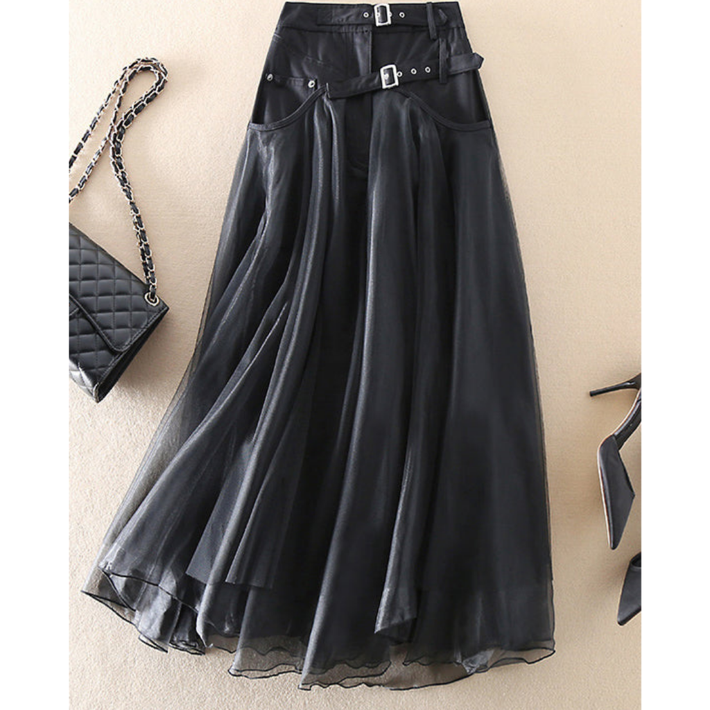 Mechi | High-waisted midi skirt with layered look for women - Modern black