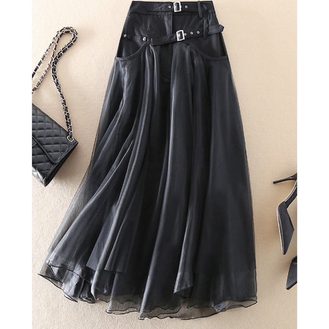 Mechi | High-waisted midi skirt with layered look for women - Modern black