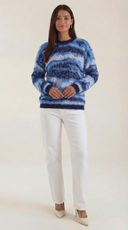 Women's Long Sleeve Patterned Sweater – Geometric Print & Cozy Crewneck Blue