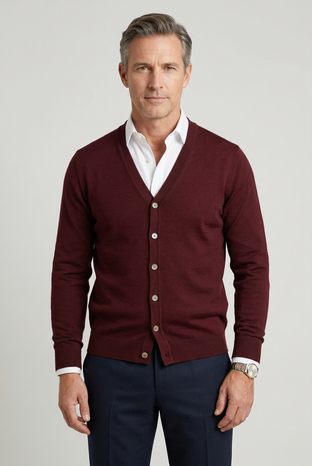 Calico | Men's V-Neck Button-Front Cardigan - Classic Knit Sweater Burgundy