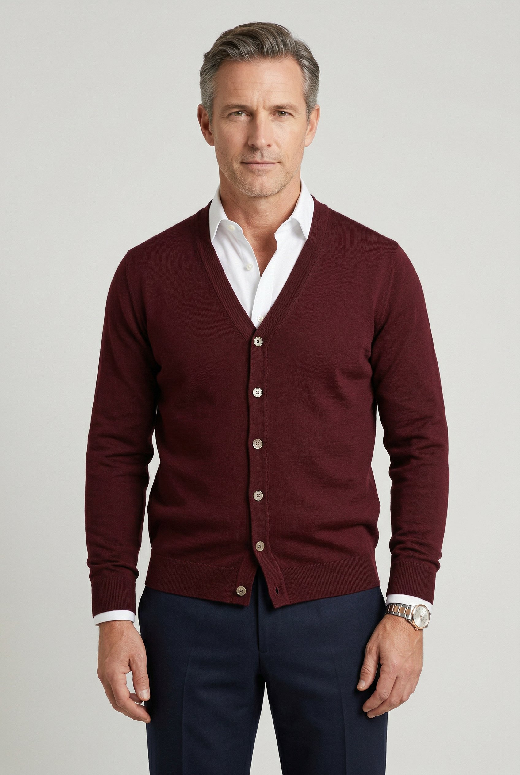 Calico | Men's V-Neck Button-Front Cardigan - Classic Knit Sweater Burgundy