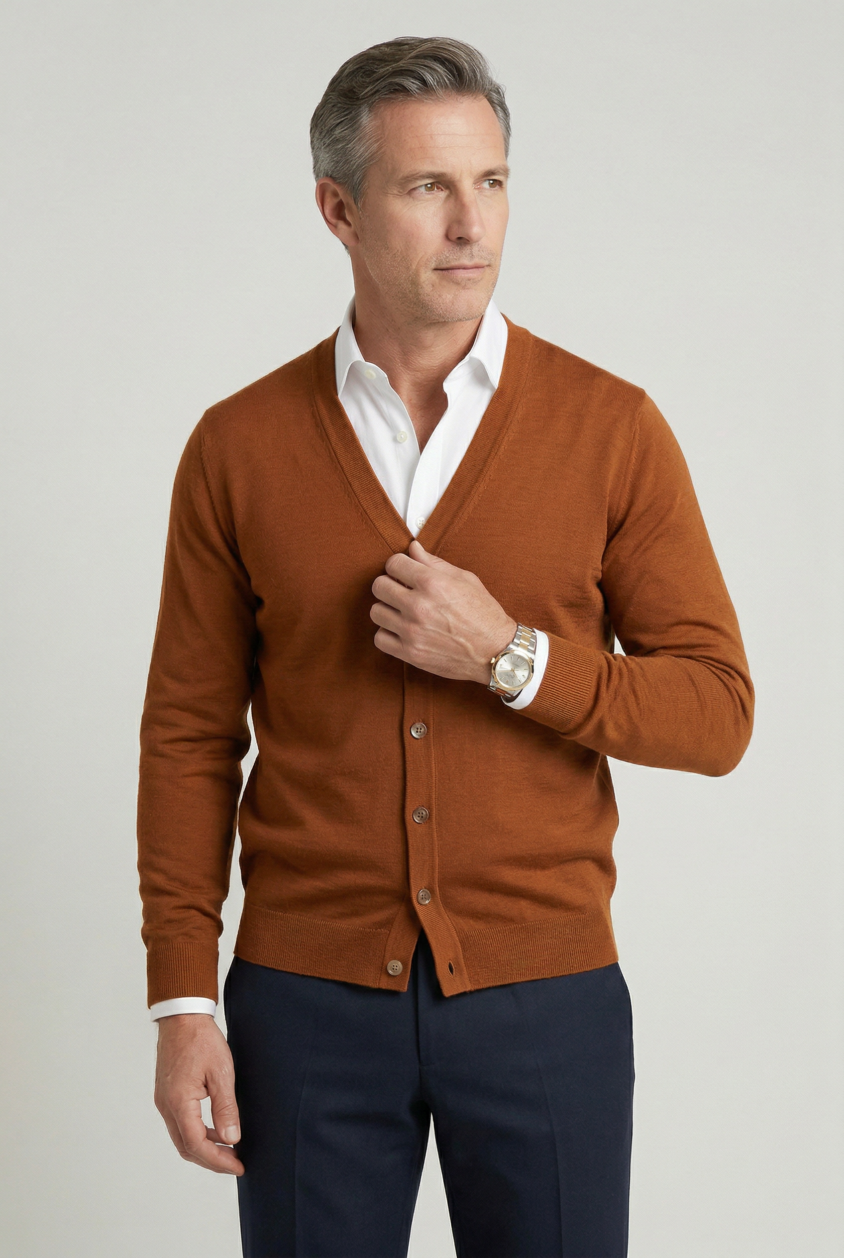 Calico | Men's V-Neck Button-Front Cardigan - Classic Knit Sweater Brown