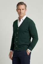 Calico | Men's V-Neck Button-Front Cardigan - Classic Knit Sweater Dark Green
