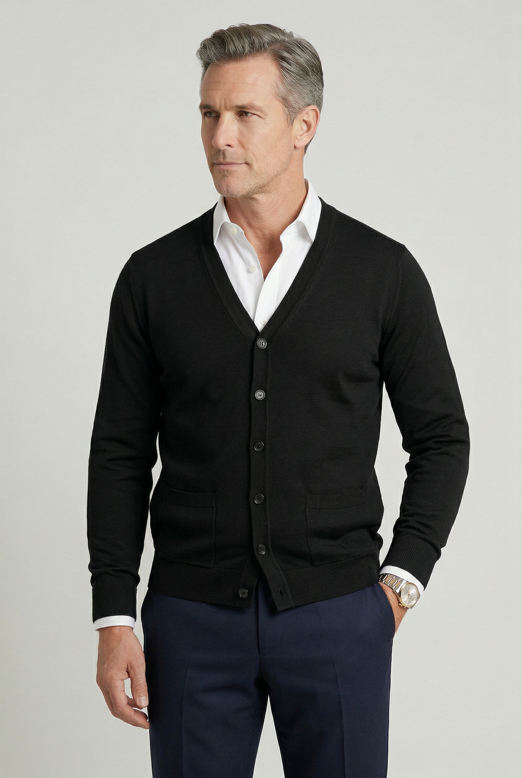Calico | Men's V-Neck Button-Front Cardigan - Classic Knit Sweater Black