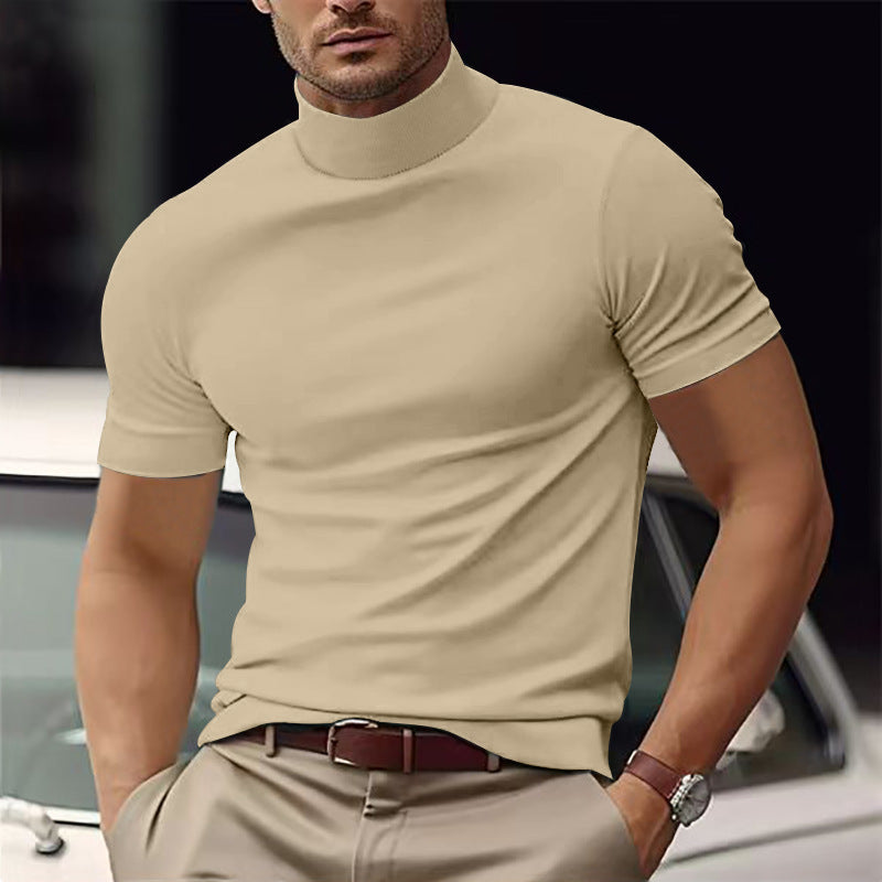 Men's Casual Basic Short-Sleeve Turtleneck T-shirt Beige