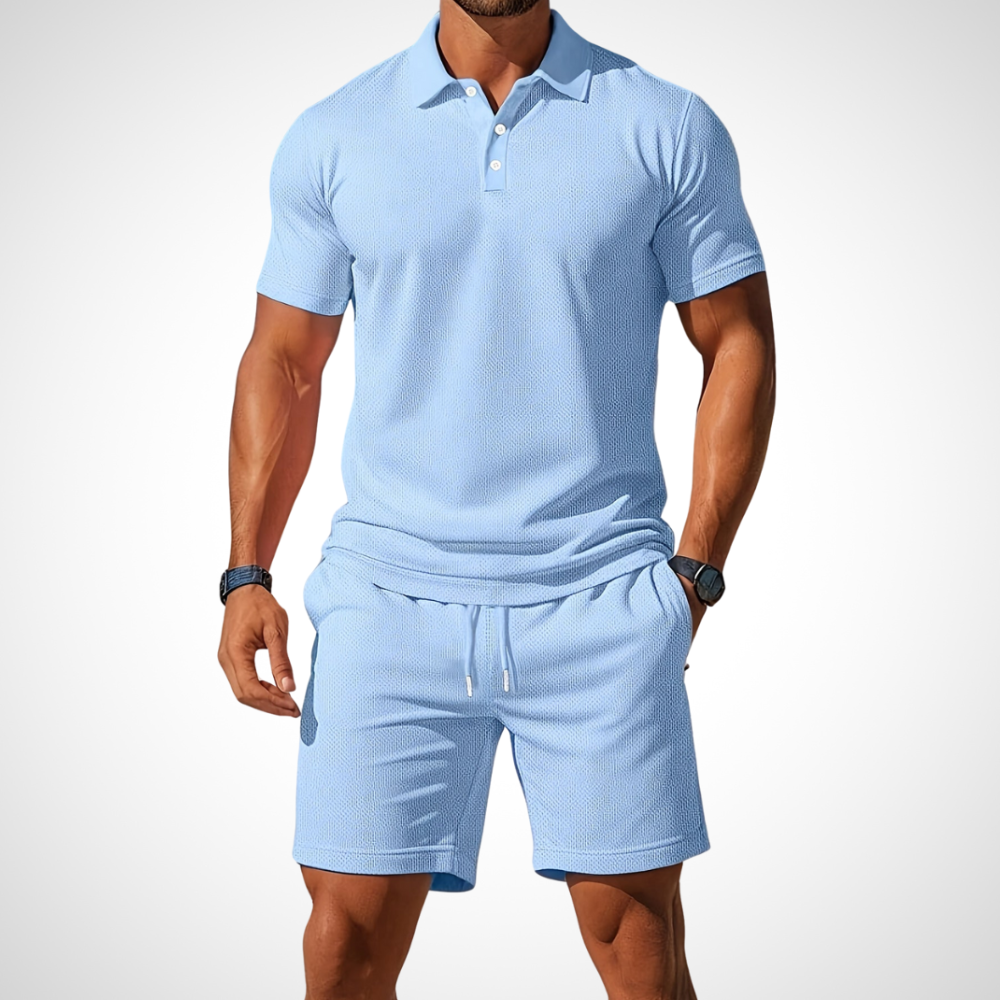 Men's Polo Shirt and Shorts Set, Cotton, Size L, Summer Look light blue