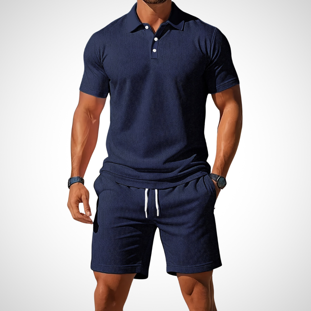 Men's Polo Shirt and Shorts Set, Cotton, Size L, Summer Look navy blue