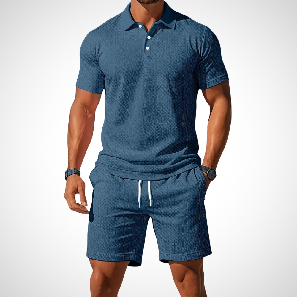 Men's Polo Shirt and Shorts Set, Cotton, Size L, Summer Look blue