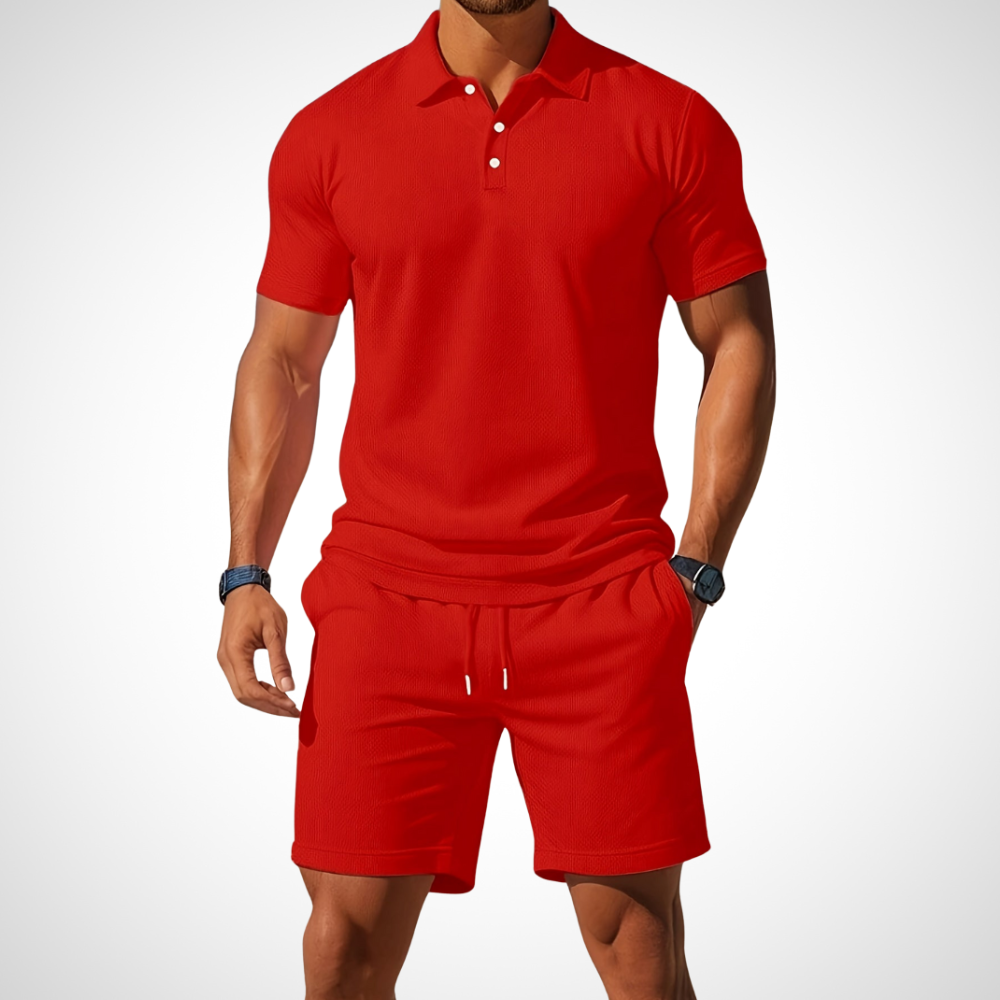 Men's Polo Shirt and Shorts Set, Cotton, Size L, Summer Look red
