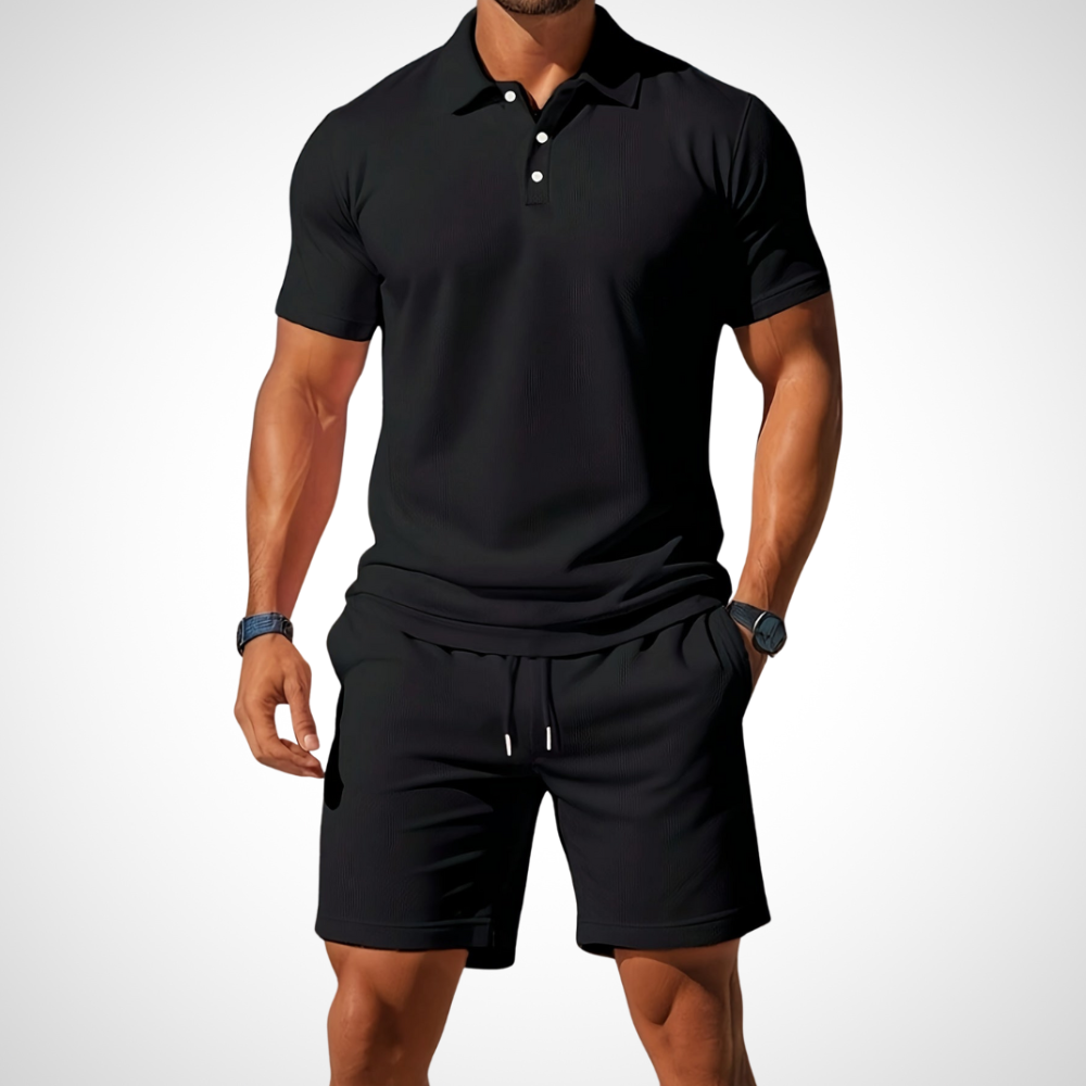 Men's Polo Shirt and Shorts Set, Cotton, Size L, Summer Look black