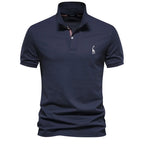 Hommes | Men's Polo Shirt with Button Placket and Ribbed Cuffs Navy Blue