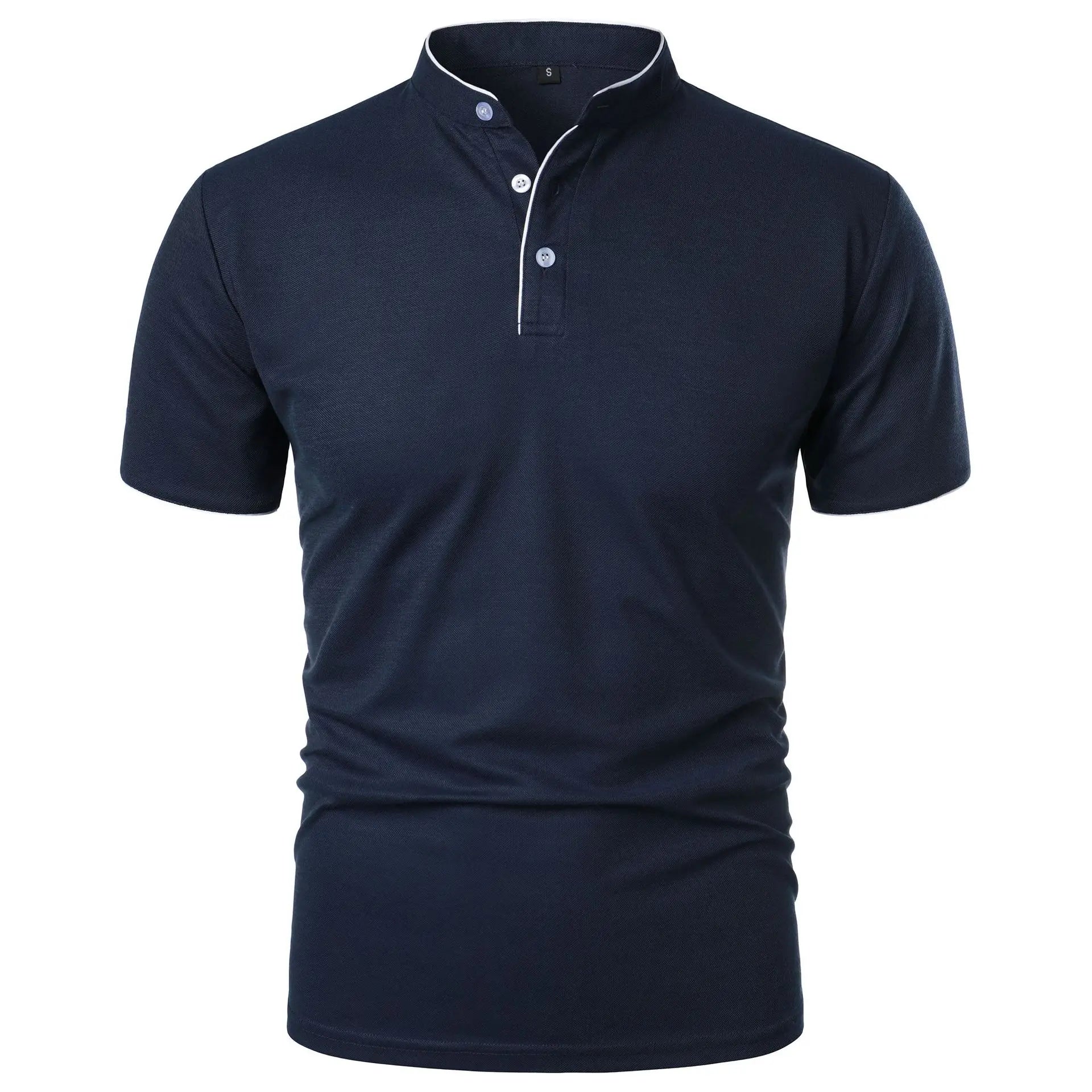 Vaines | Men's Polo Shirt with Stand Collar and Short Sleeves Navy Blue